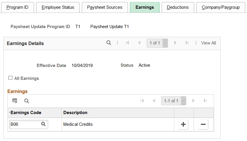 Paysheet Update Program - Earnings page