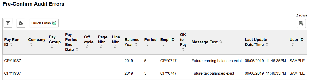 Pre-Confirm Audit Errors page