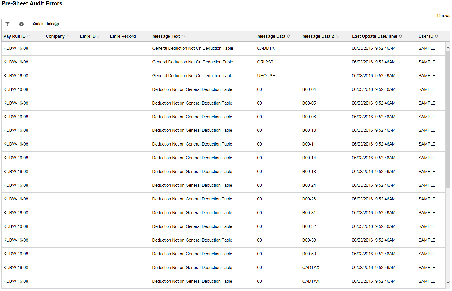 Pre-Sheet Audit Errors page