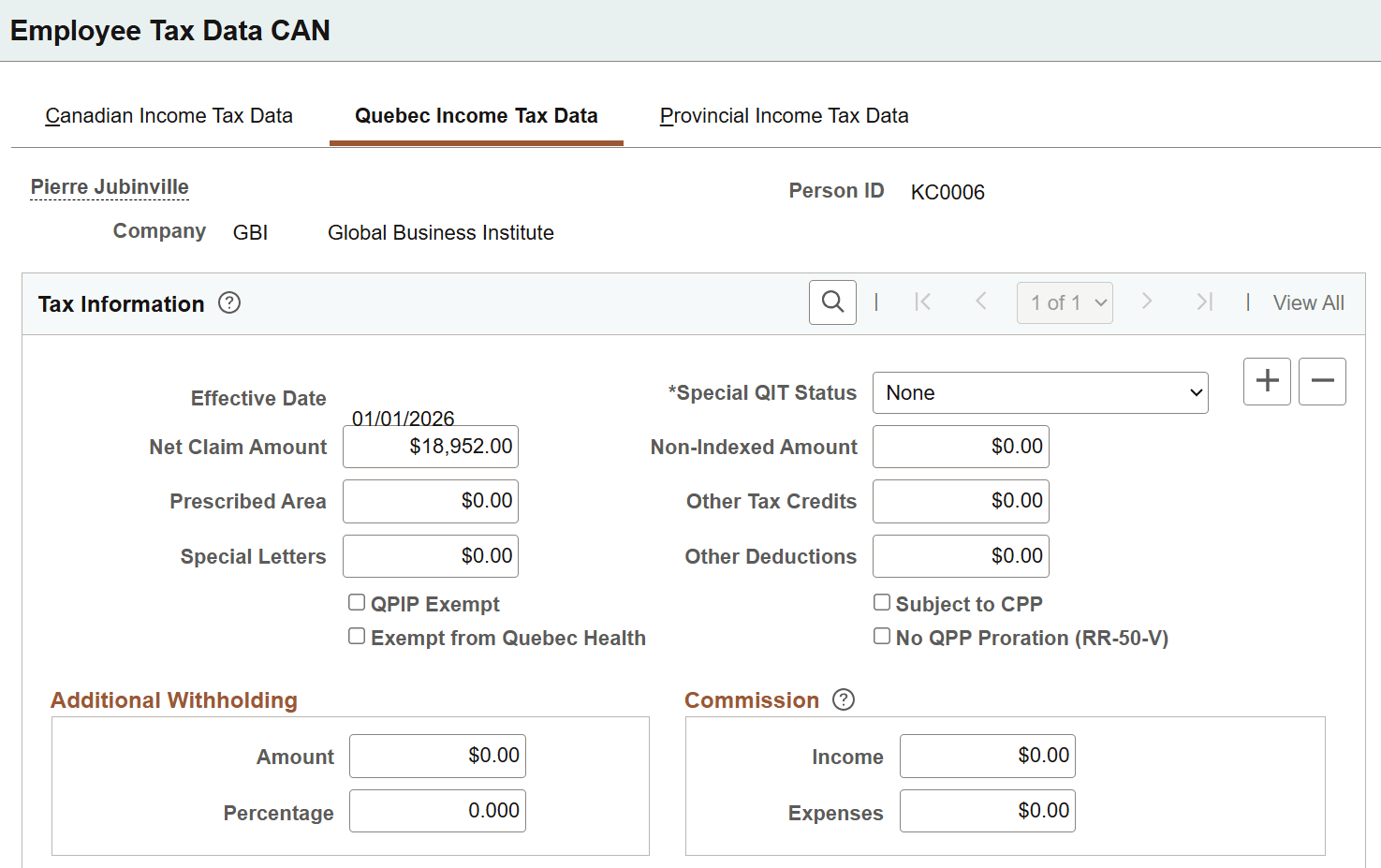 Quebec Income Tax Data page (1 of 2)