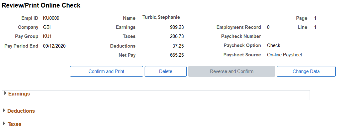 Review/Print Online Check page after calculation