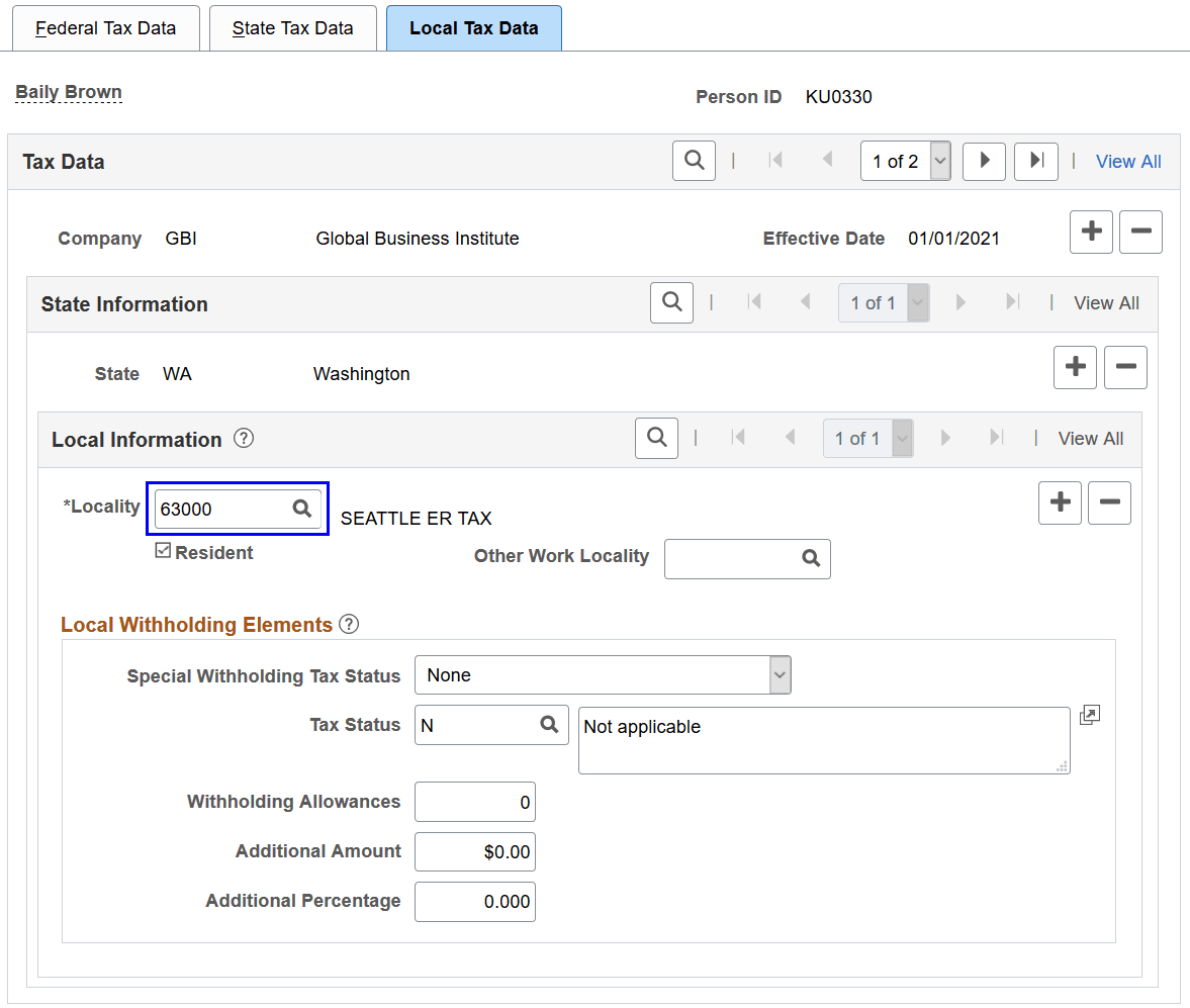 Setting up employee's local tax data for locality 63000 on Local Tax Data page