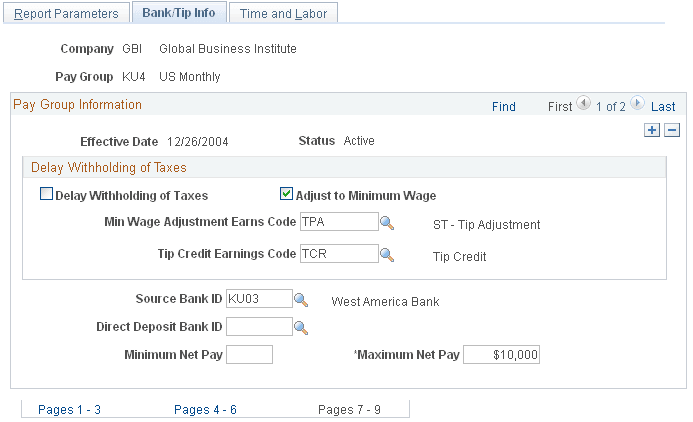 Bank/Tip Info page Bank/Tip Info page