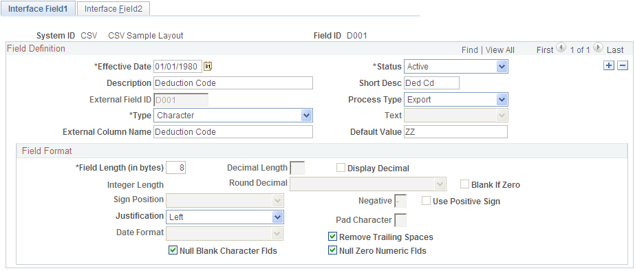 Interface Field1 page for Step 1: Set Up the Field Definition Table Component, Export File Fields Interface Field1 page for Step 1: Set Up the Field Definition Table Component, Export File Fields