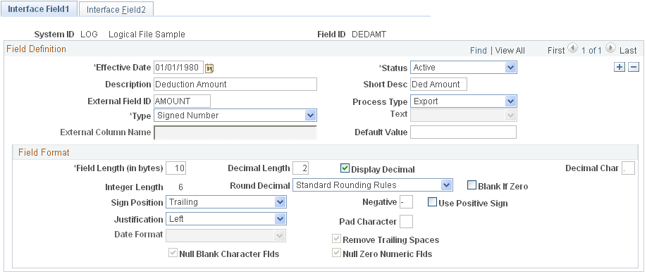 Interface Field1 page for Step 2a: Set Up the Field Definition Table Component, Export File Fields Interface Field1 page for Step 2a: Set Up the Field Definition Table Component, Export File Fields
