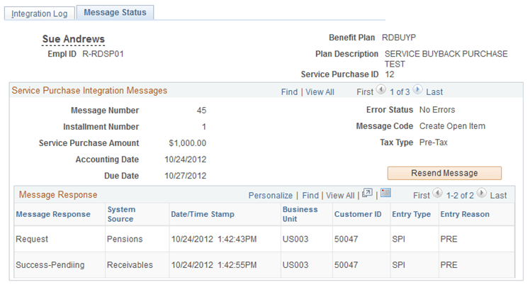 Message Status page