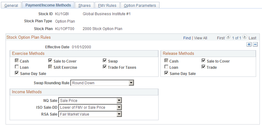 Stock Option Plan Rules - Payment/Income Methods page