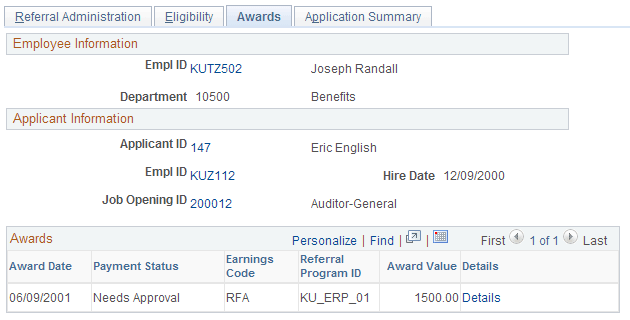 Administer Referrals - Awards page Administer Referrals - Awards page