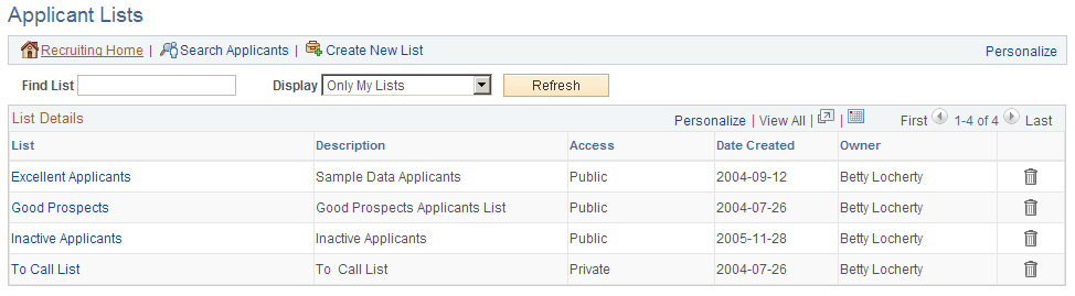 Applicant Lists page Applicant Lists page