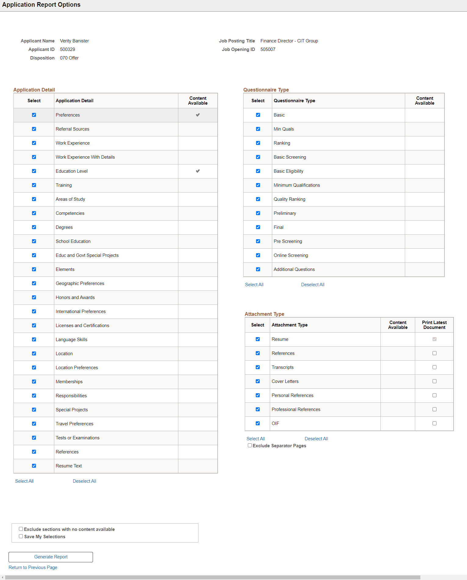Application Report Options Page