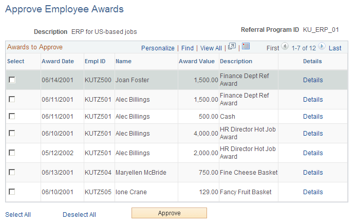 Approve Employee Awards page Approve Employee Awards page