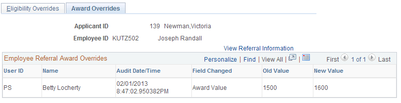 Award Overrides page Award Overrides page