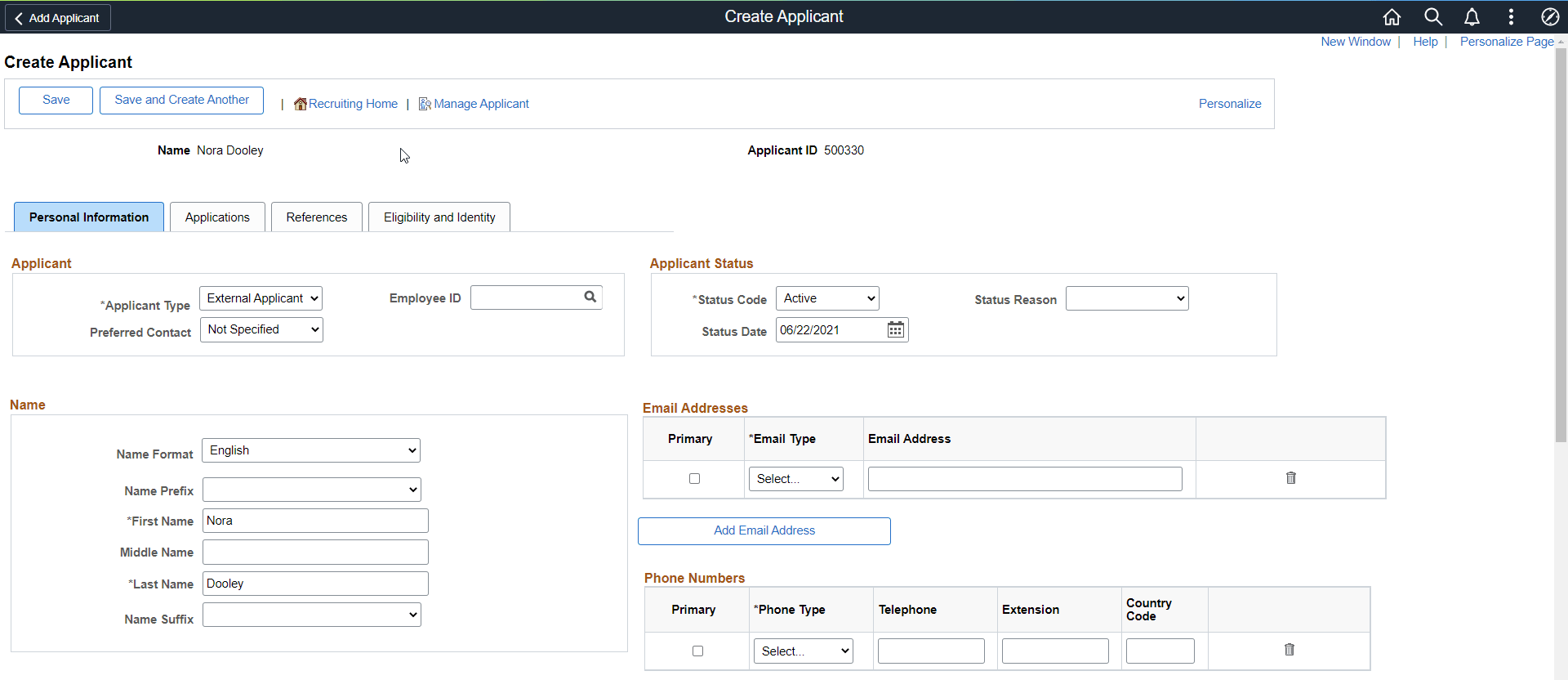 Create Applicant page after saving Create Applicant page after saving