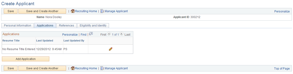 Create Applicant page: Applications tab Create Applicant page: Applications tab