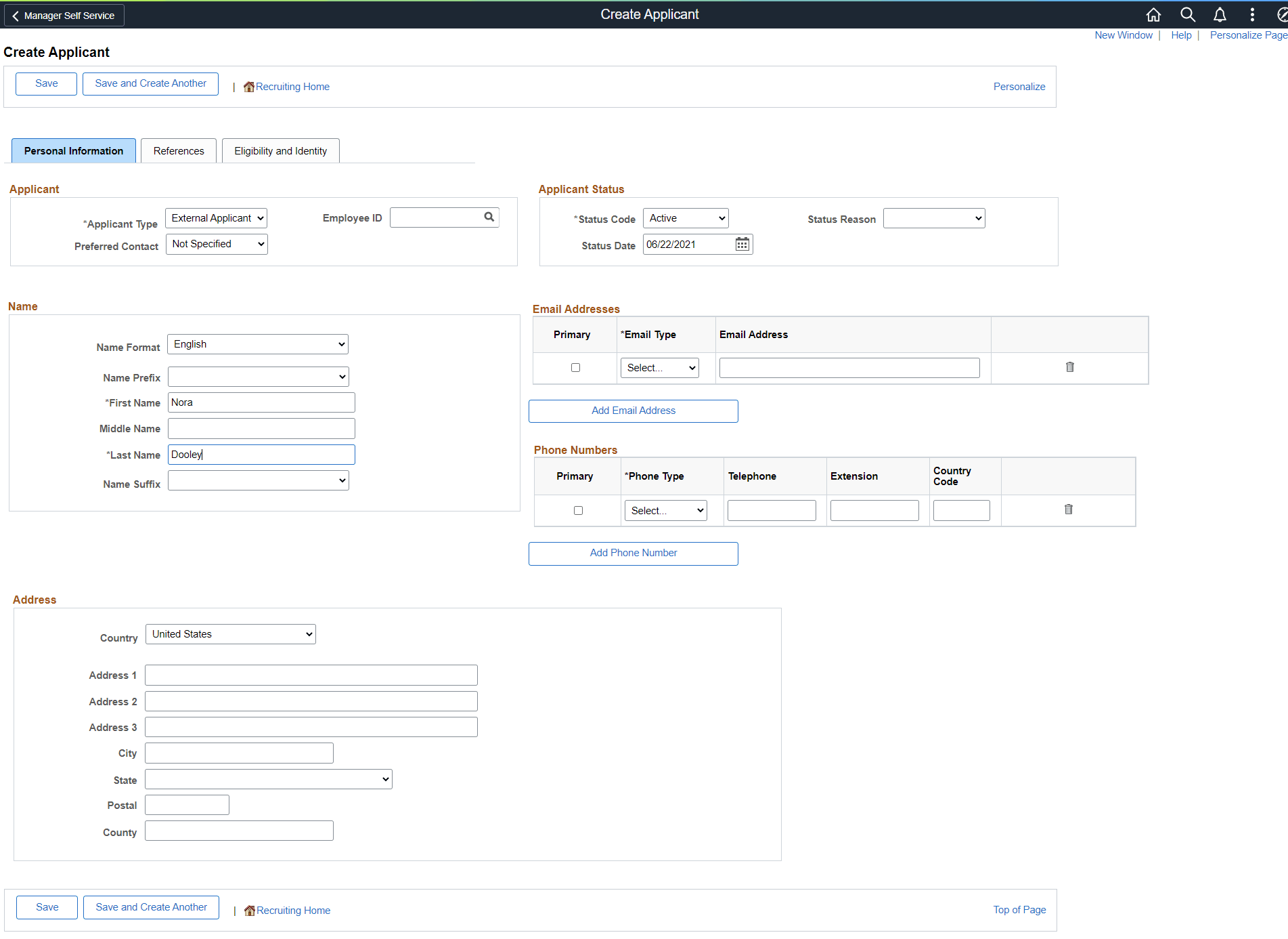Create Applicant page before saving Create Applicant page before saving