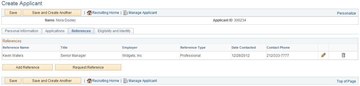 Create Applicant page: References tab Create Applicant page: References tab