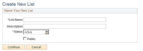 Create New List page Create New List page