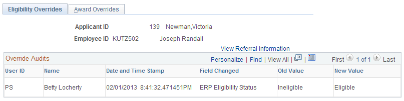 Eligibility Overrides page Eligibility Overrides page