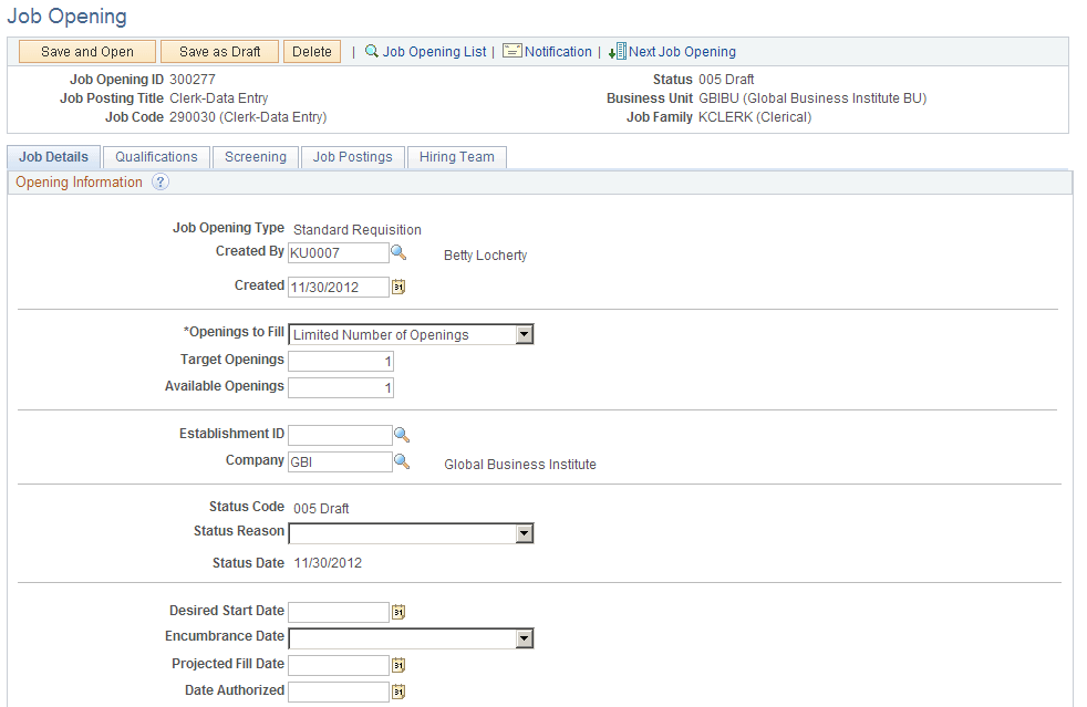 Example of a draft job opening with all fields visible Example of a draft job opening with all fields visible