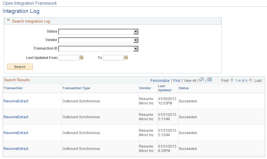 Integration Log page Integration Log page