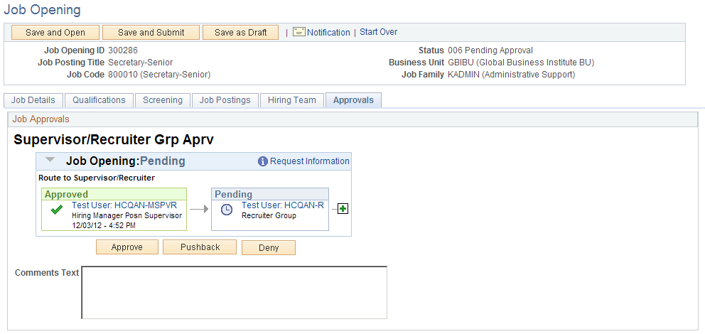 Job Opening page: Approvals tab Job Opening page: Approvals tab