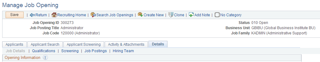 Job opening template pages when viewing an already-created job opening Job opening template pages when viewing an already-created job opening