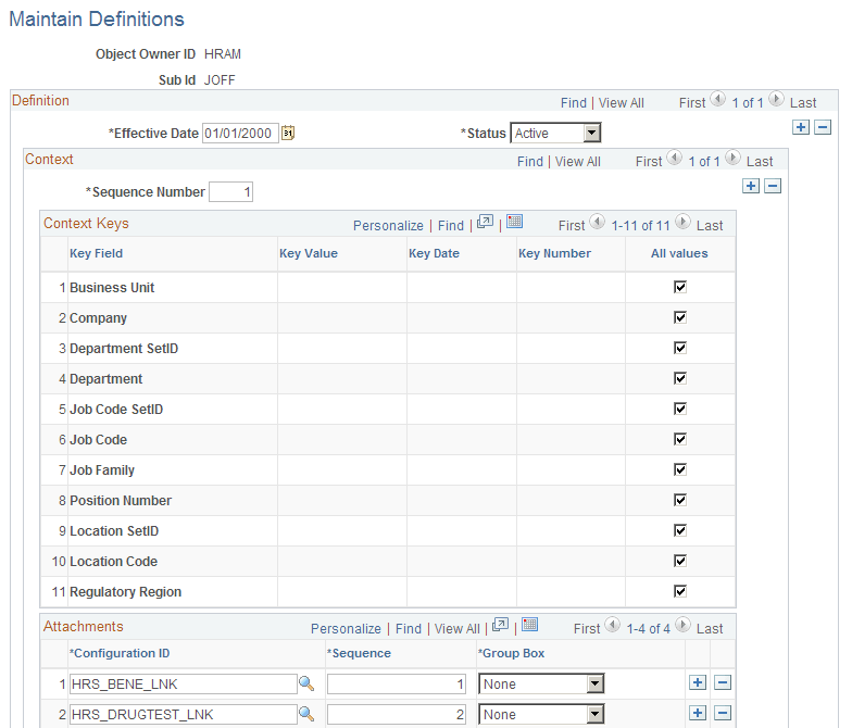 Maintain Definitions page showing the context keys for job offers attachments Maintain Definitions page showing the context keys for job offers attachments