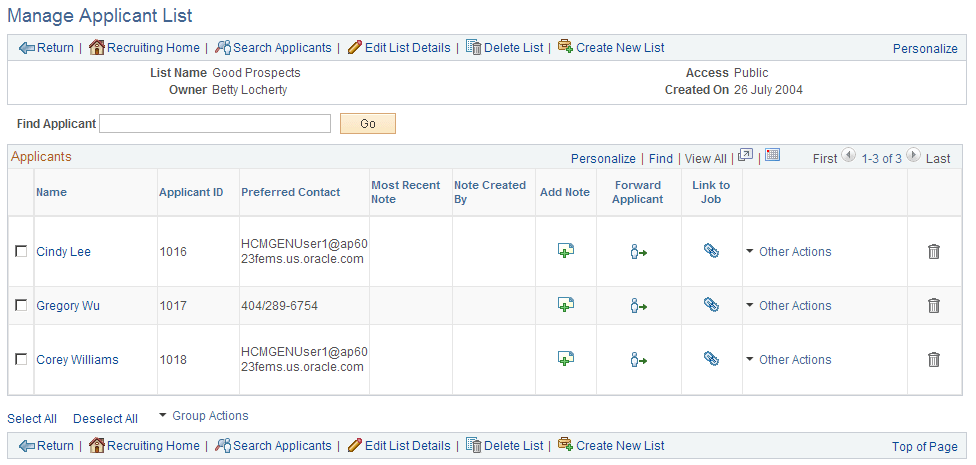 Manage Applicant List page Manage Applicant List page