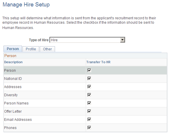 Manage Hire Setup page