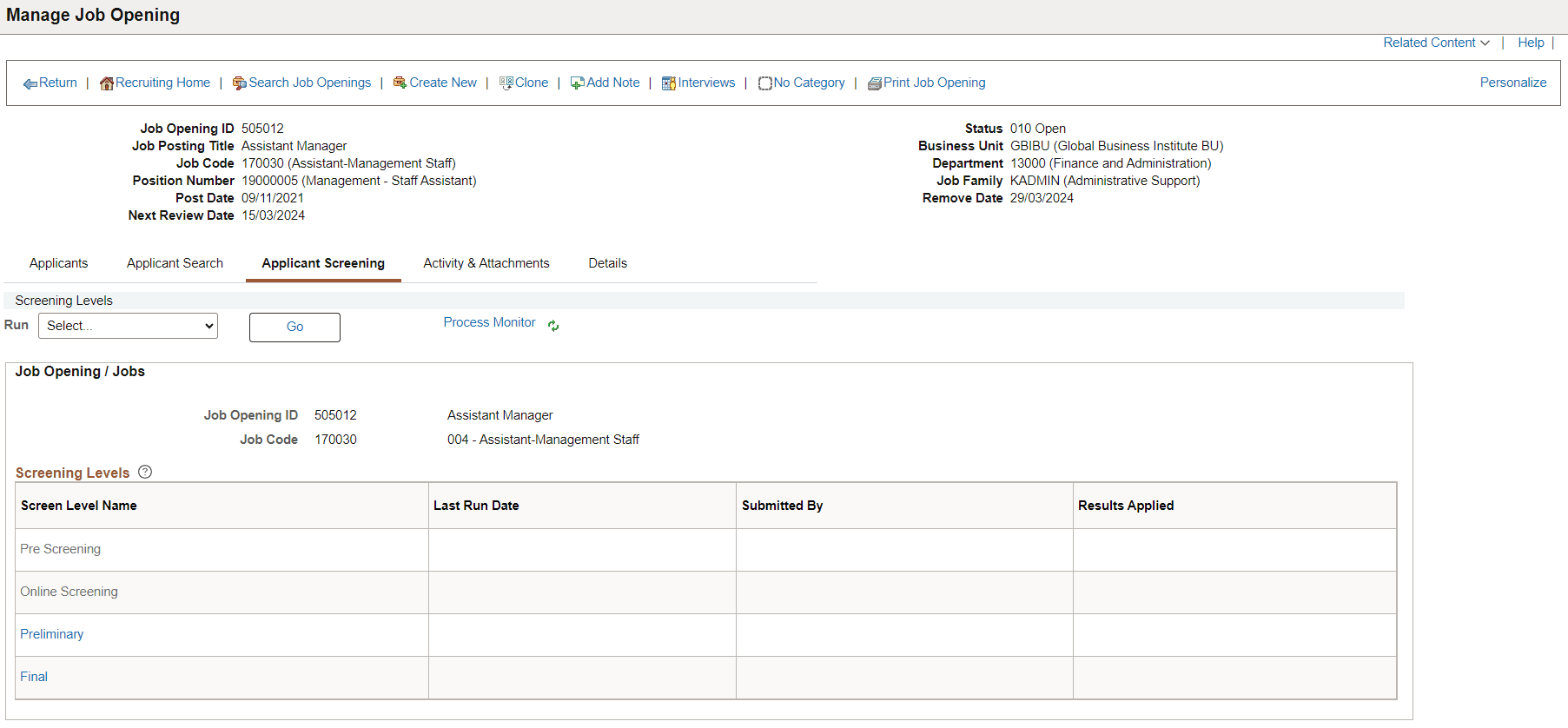 Manage Job Opening_Applicant Screening Tab