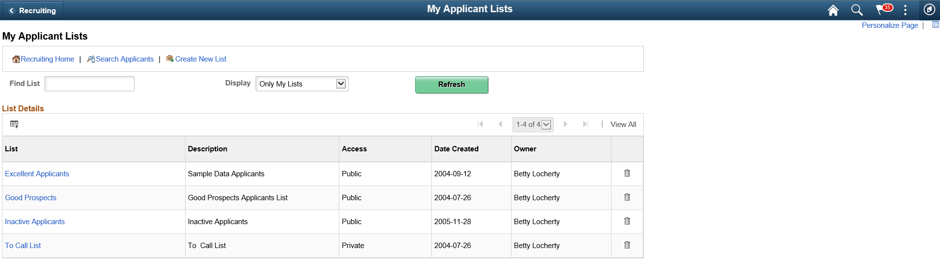 My Applicant Lists page My Applicant Lists page