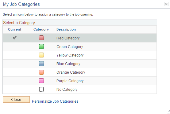 My Job Categories page My Job Categories page