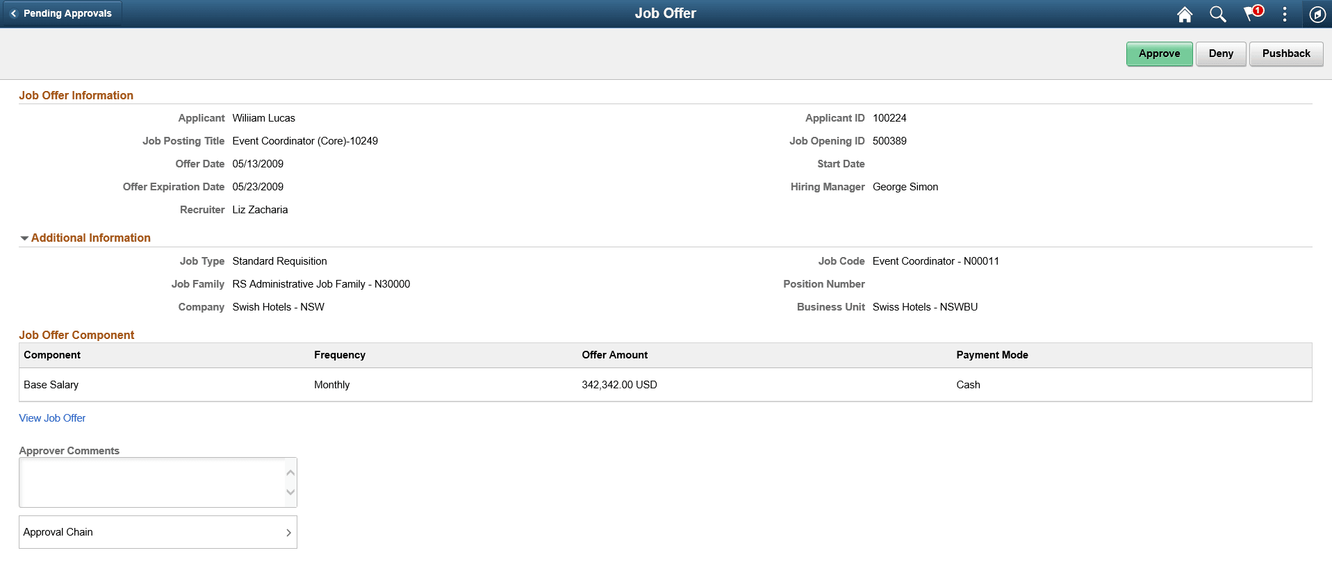 Pending Approvals - Job Offer page Pending Approvals - Job Offer page