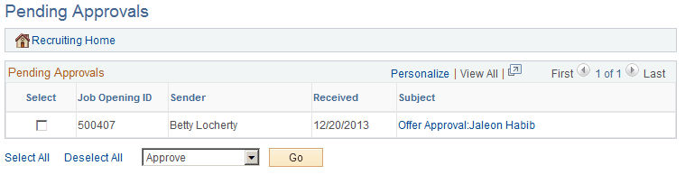 Pending Approvals page (showing job offers to be approved) Pending Approvals page (showing job offers to be approved)