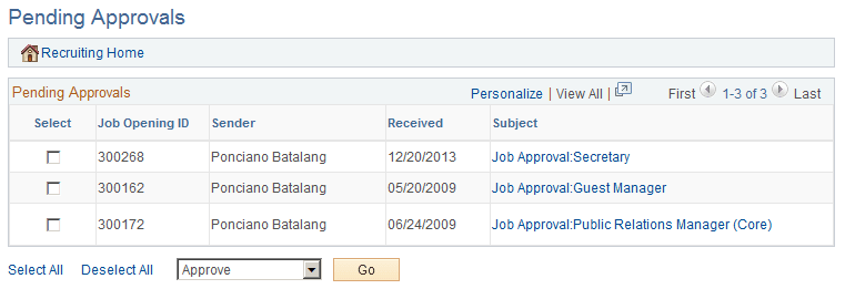 Pending Approvals page (showing job openings to be approved) Pending Approvals page (showing job openings to be approved)