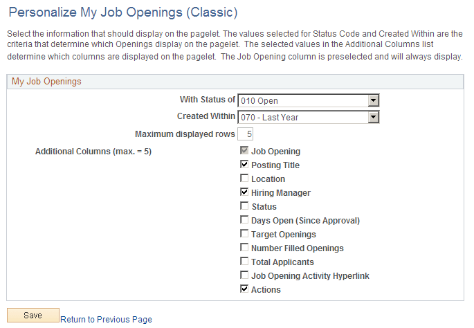 Personalize My Job Openings (Classic) page Personalize My Job Openings (Classic) page