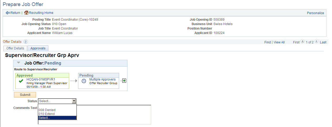 Prepare Job Offer page: Approvals tab (administrator view) Prepare Job Offer page: Approvals tab (administrator view)