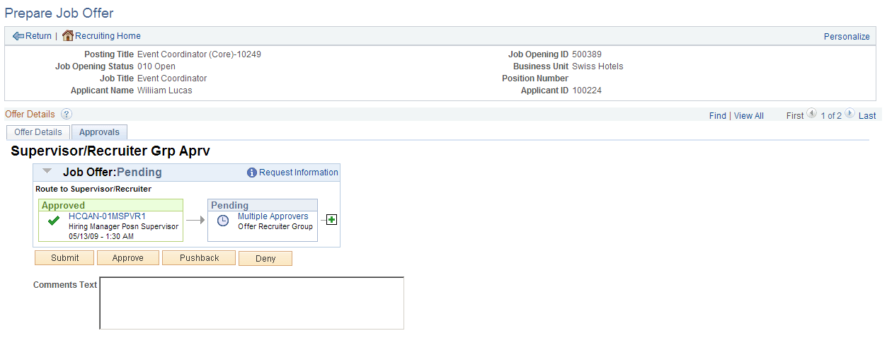 Prepare Job Offer page: Approvals tab Prepare Job Offer page: Approvals tab