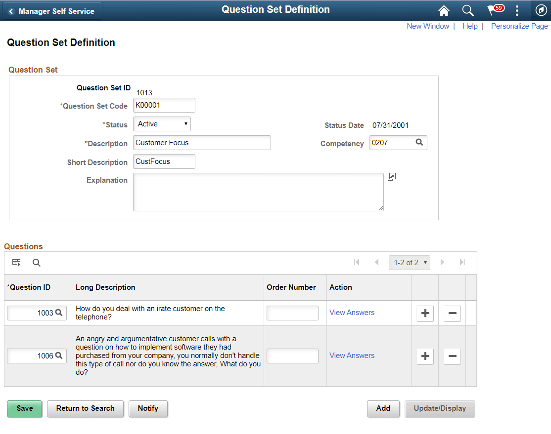 Question Set Definition page