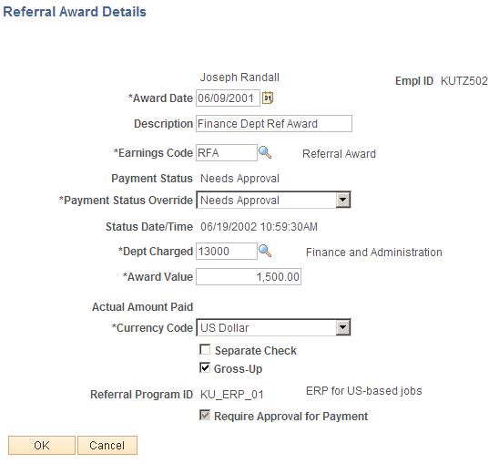 Referral Award Details page Referral Award Details page