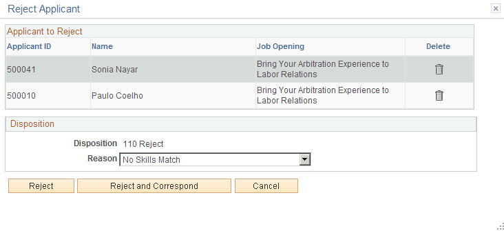 Reject Applicant page Reject Applicant page