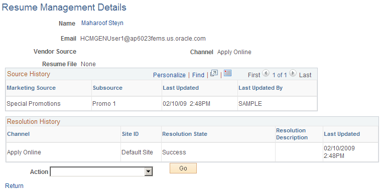 Resume Management Details page Resume Management Details page