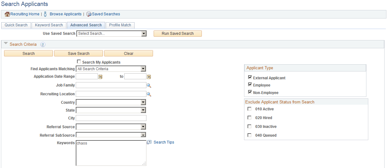 Search Applicants page: Advanced Search tab (1 of 2) Search Applicants page: Advanced Search tab (1 of 2)
