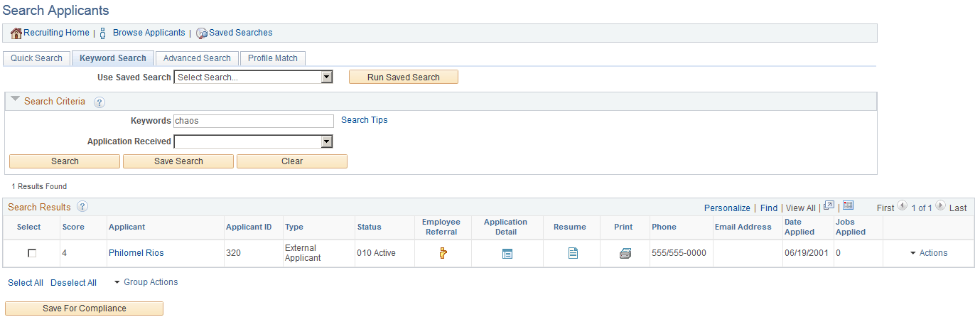 Search Applicants page: Keyword Search tab Search Applicants page: Keyword Search tab