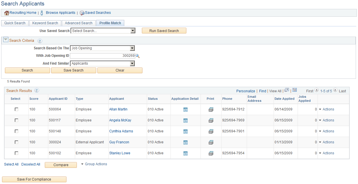 Search Applicants page: Profile Match tab Search Applicants page: Profile Match tab