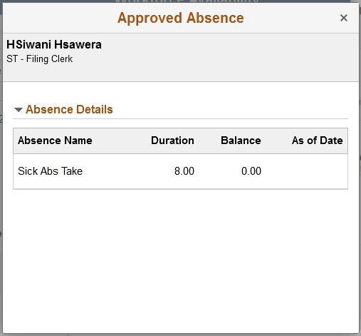 Approved Absence drill down Approved Absence drill down