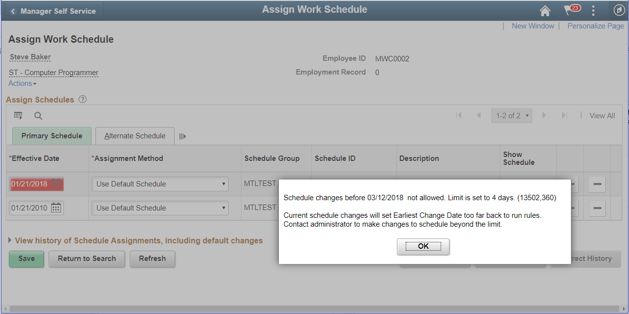 Assign Work Schedule_Change Limit error Assign Work Schedule_Change Limit error