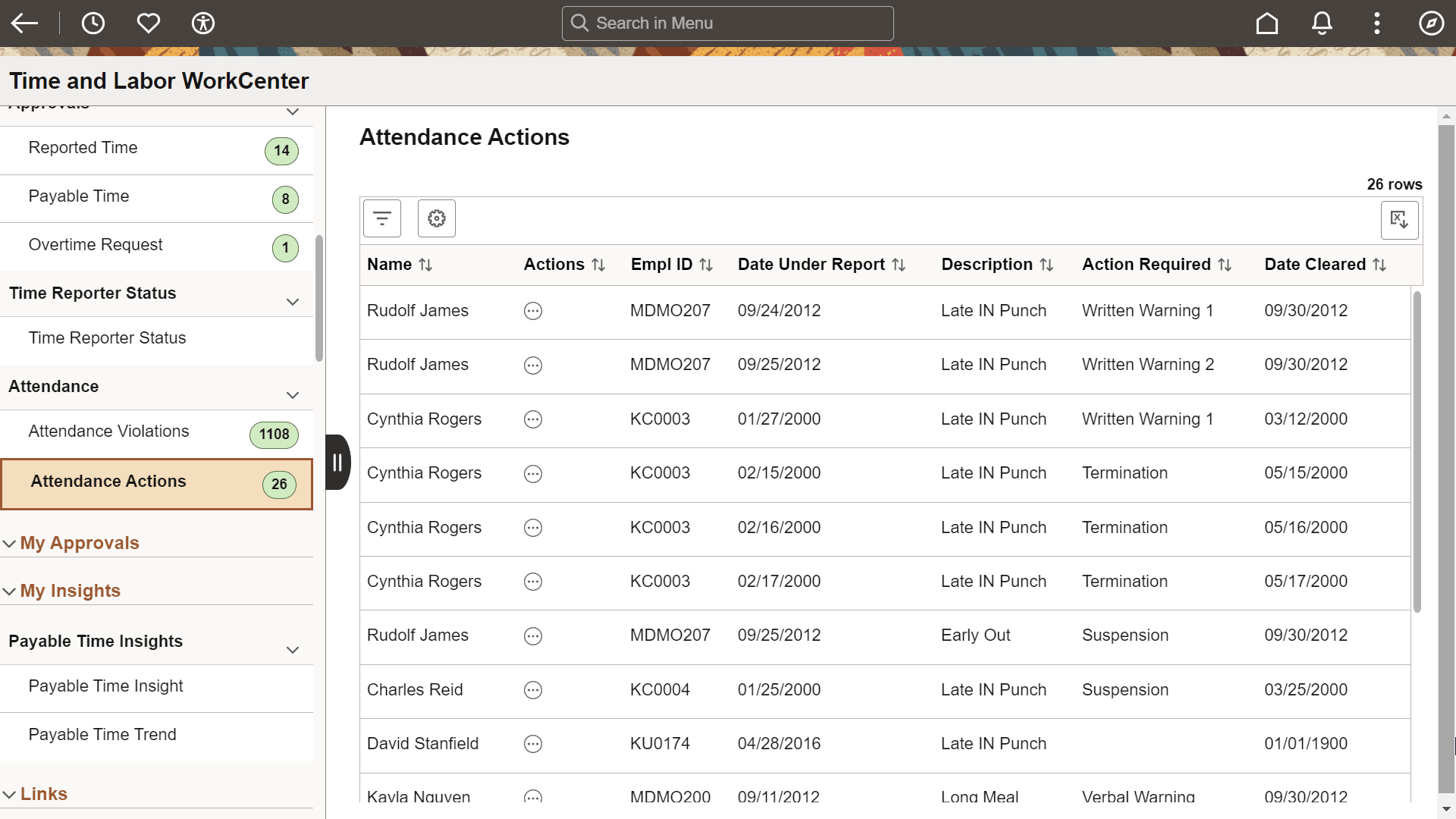 Attendance Actions page Attendance Actions page