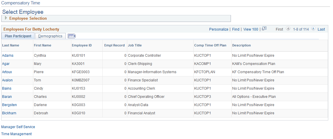 Compensatory Time: Select Employee page Compensatory Time: Select Employee page
