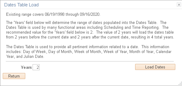 Dates Table Load page Dates Table Load page